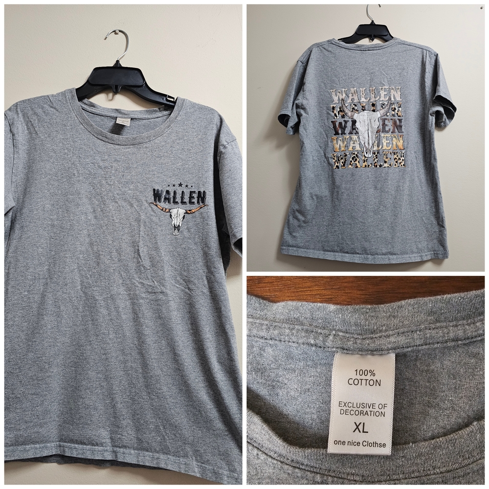 ​Morgan Wallen Style Graphic Tee XL Gray Bull Skull Western Leopard Print